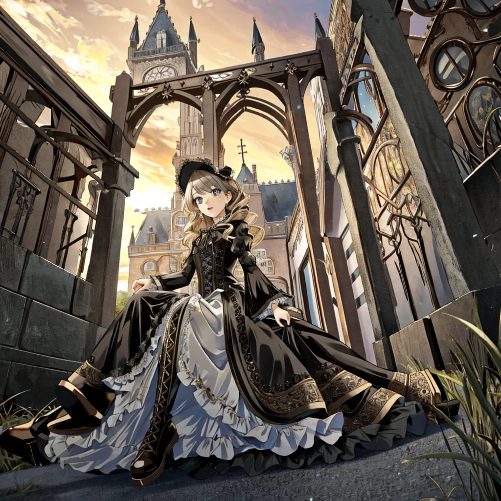 A woman in a dress and boots stands in front of a building, Baroque Dress, Detailed steampunk dress, Elegant Gothic Princess, Victorian Gothic ****ta Fashion, 歴史的なBaroque Dressダーク, Black Gothic ****ta Dress, Fantasy style clothing, Rococo Dress, Black Rococo, Classic witch, Fantasy Costume, wearing a Gothic Dress, Romantic Dresses, Gothic Dress, sit, Spread your legs, View from directly below, drawer, underwear