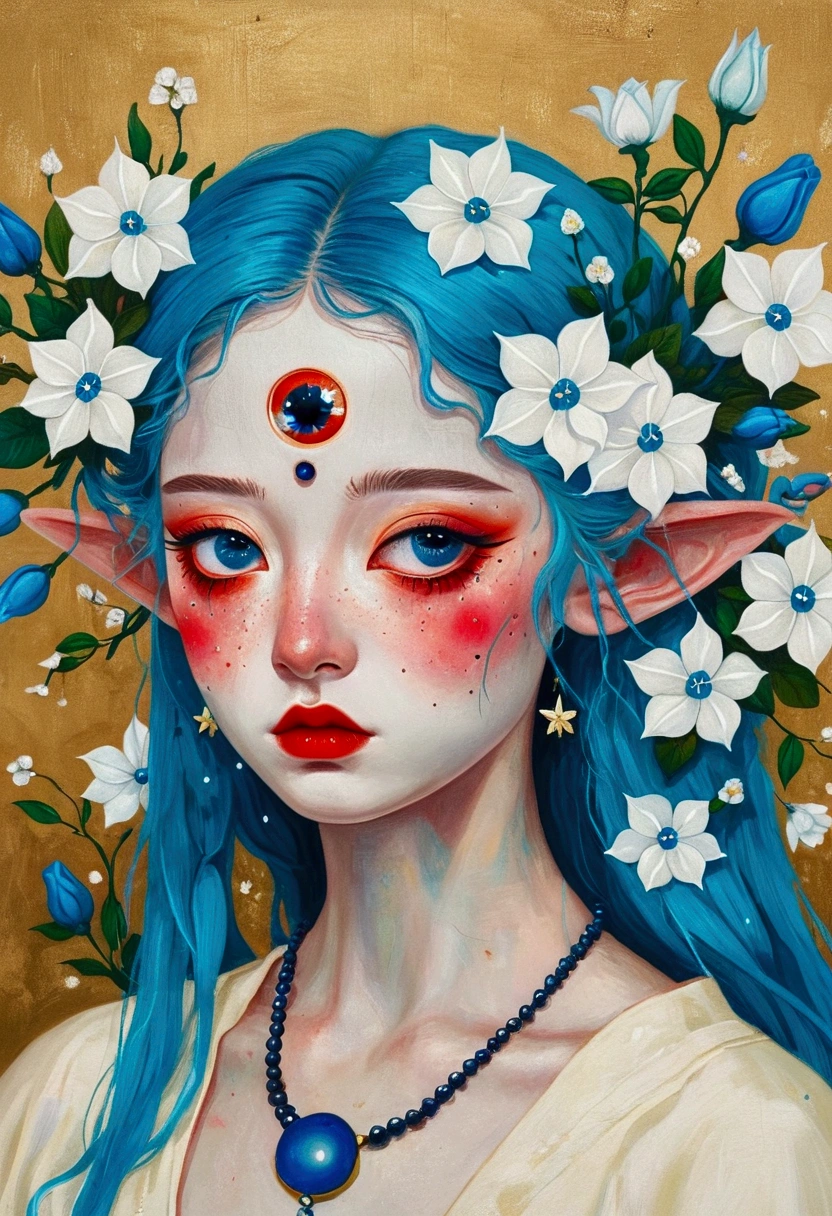 The painting shows a woman with blue hair and blue eyes,Elf ears,Exquisite accessories,Surrounded by flowers, Nandor Katona (Soldier Nándor) Surrealism, Winner of the Behance competition, Pop surrealism, Pop surrealism lowbrow art style, lowbrow Pop surrealism, japanese Pop surrealism, Third Eye Vision, Star-studded eyes,