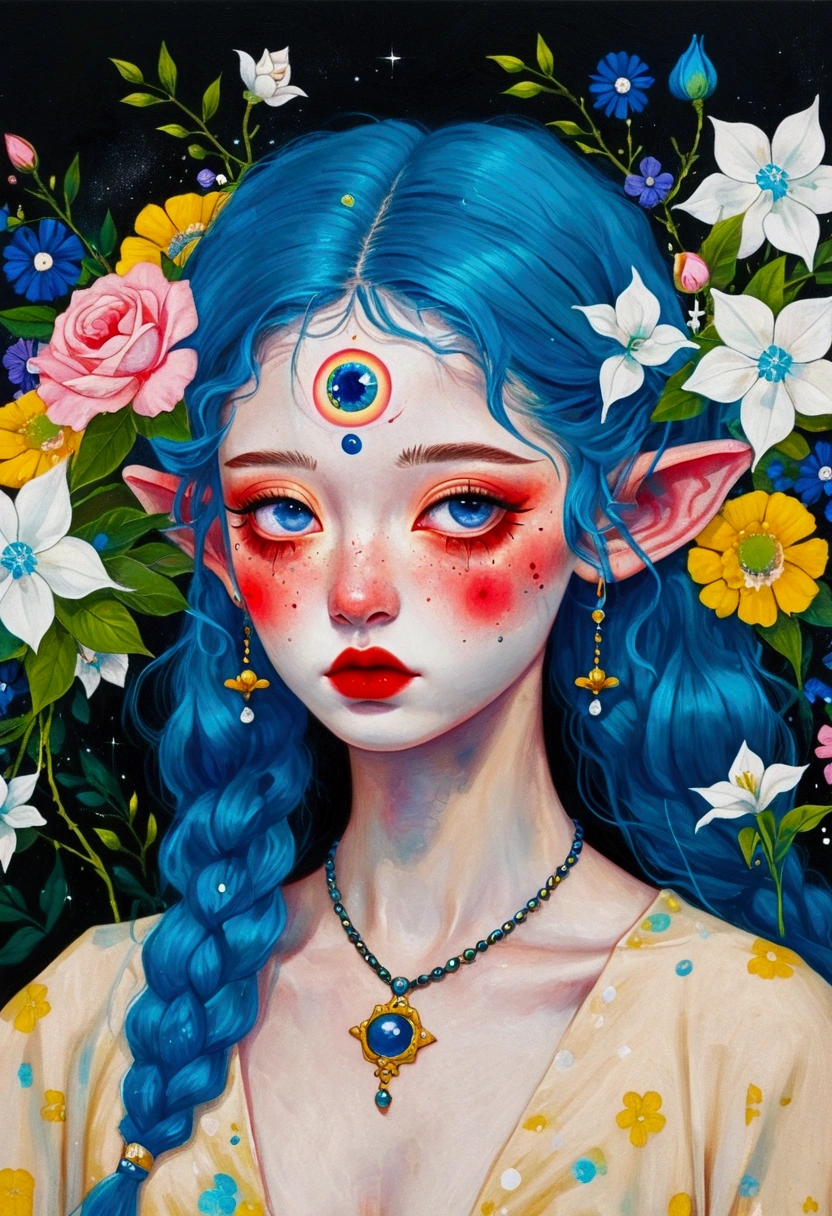 The painting shows a woman with blue hair and blue eyes，Elf ears，Exquisite accessories，Surrounded by flowers, Nandor Katona (Soldier Nándor) Surrealism, Winner of the Behance competition, Pop surrealism, Pop surrealism lowbrow art style, lowbrow Pop surrealism, japanese Pop surrealism, Third Eye Vision, Star-studded eyes, 