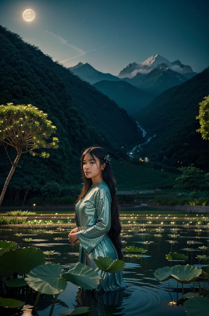 An ethereal portrait capturing the enigmatic beauty of a young Vietnamese woman in a flowing teal áo dài, its fabric resembling rippling water with silver sequin embellishments, her hair long and unbound, cascading down her back like a waterfall, a mysterious smile playing on her lips as she floats amidst a surreal landscape of giant lotuses and shimmering rice paddies beneath a star-filled night sky, taken with a Hasselblad camera and a wide-angle lens using long exposure at f/11, the low angle and panoramic aspect ratio emphasizing the vastness of the dreamscape and her ethereal presence, the rule of thirds and leading lines drawing the eye to her enigmatic form, the glowing lotuses in the foreground and the distant mountains in the background adding depth and mystique, the scene illuminated by the soft moonlight and bioluminescent plants, with a touch of gaussian blur and added grain to enhance the dreamlike quality.