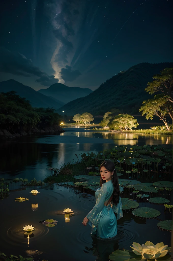 An ethereal portrait capturing the enigmatic beauty of a young Vietnamese woman in a flowing teal áo dài, its fabric resembling rippling water with silver sequin embellishments, her hair long and unbound, cascading down her back like a waterfall, a mysterious smile playing on her lips as she floats amidst a surreal landscape of giant lotuses and shimmering rice paddies beneath a star-filled night sky, taken with a Hasselblad camera and a wide-angle lens using long exposure at f/11, the low angle and panoramic aspect ratio emphasizing the vastness of the dreamscape and her ethereal presence, the rule of thirds and leading lines drawing the eye to her enigmatic form, the glowing lotuses in the foreground and the distant mountains in the background adding depth and mystique, the scene illuminated by the soft moonlight and bioluminescent plants, with a touch of gaussian blur and added grain to enhance the dreamlike quality.