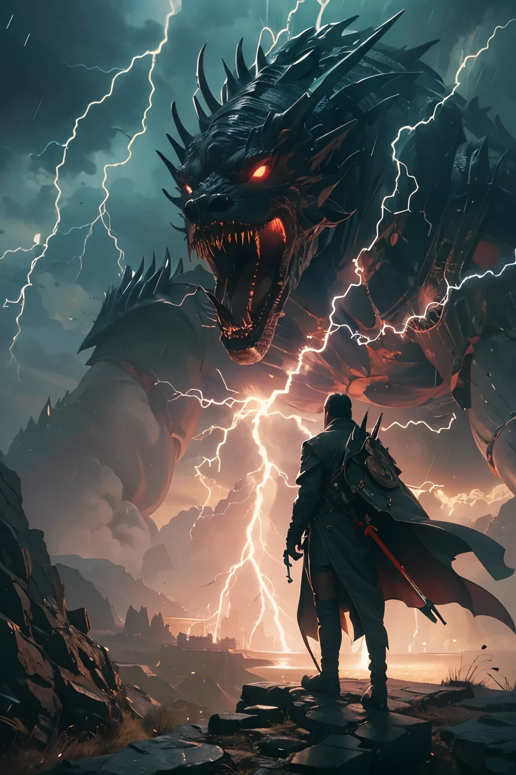 A very detailed painting, Dark world, Depicts a man have a weapon on a hill gazing at a giant alien monster lightning rain breath, author:Shinkai Makoto, By Art Jem, From Wlop, author:Greg Rutkowski, Volumetric Lighting, Octane Rendering, 8K resolution, Popular on artstation, masterpiece ,flame magic