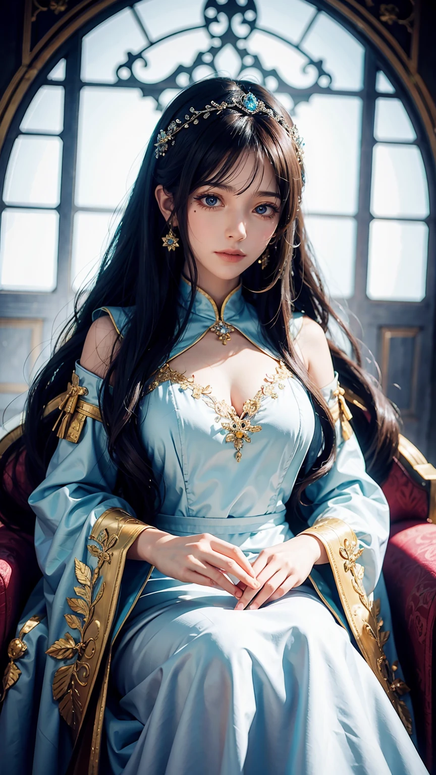 Arad woman in a dress sitting on a throne, cute anime waifu in a nice dress, trending on cgstation, 8K high quality detailed art, anime barbie in white, highly detailed exquisite fanart, Extremely detailed Artgerm, the anime girl is crouching, Flowing magic robe, Beautiful and attractive anime woman, WLOP 和 Sakimichan