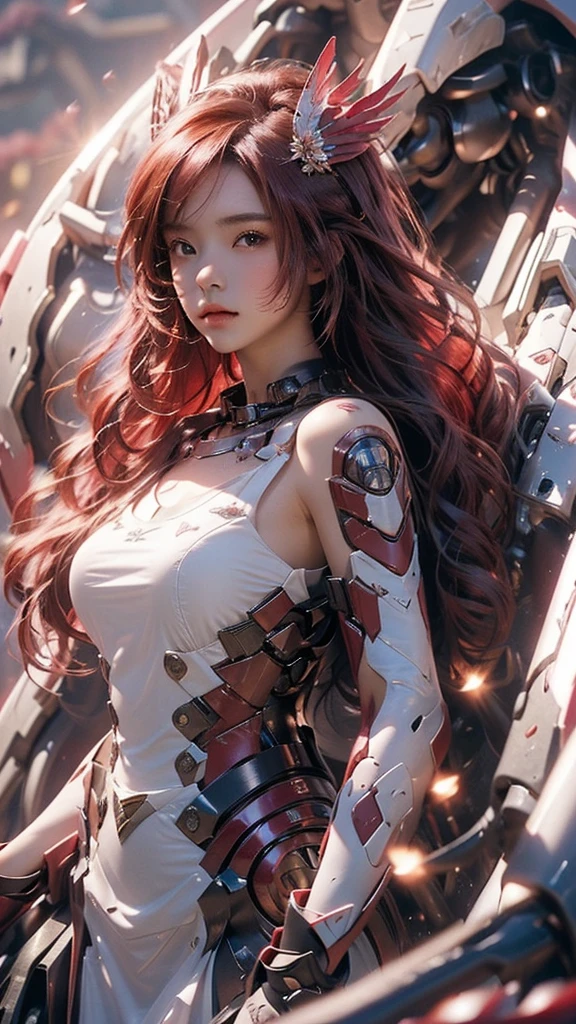 best quality,masterpiece,Ultra-high resolution,(photoactual:1.4),Volcanic rock background,beauty,noble,Phoenix Girl（Japanese Girls）18 years old,long red hair,Mid-chest,Phoenix dress,Floating,