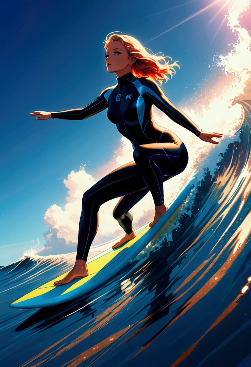 (Ultra-realistic Surfing), wearing Professional sportswear, sunset, wide angle, panorama, in Vibrant Void, juxtaposing vibrant with a sense of emptiness, captivating chiaroscuro, dynamic movement, (special effects:0.1), full body, award-winning, cinematic still, emotional, vignette, dynamic, vivid, (masterpiece, best quality, photorealistic, Professional, perfect composition, very aesthetic, absurdres, ultra-detailed, intricate details:1.3)
