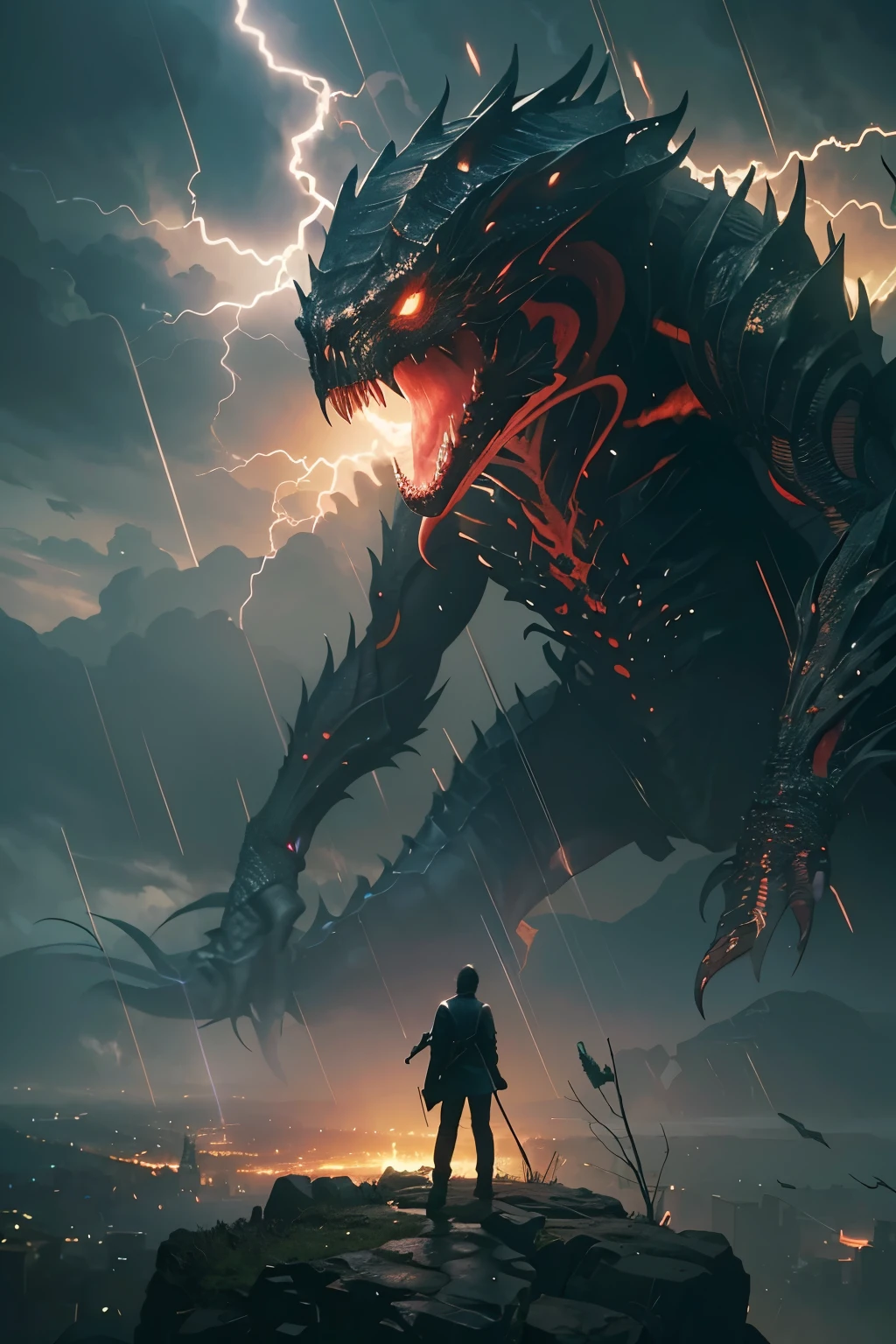 A very detailed painting， Dark world, Depicts a man　have a weapon on a hill gazing at a giant alien monster lightning rain breath, author：Shinkai Makoto, By Art Jem, From Wlop, author：Greg Rutkowski, Volumetric Lighting, Octane Rendering, 8K resolution, Popular on artstation, masterpiece ,flame magic