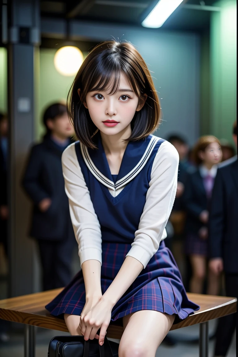 "(RAW Photos:1.4), (photoRealistic:1.3),(masterpiece), Highest quality, Highest quality, Very detailed CG unity 8k wallpaper, Detailed and sophisticated, original,High resolution,
\\
One girl,alone,(16yo),Very detailed_eye, nail,Medium chest,(eyeliner:0.5),(blush:0.5),Black Hair,Long Hair,Hair Clip, View Viewer,Browsing Caution,
\\
high school,student,, Sailor collar,Bobby Socks,school bag,skirt, Plaid, Plaid skirt,Raise your knees,Sitting,
\\
street, Subway Station, Shop Boundaries, akihabara \(Tokyo\), Shibuya Ward \(Tokyo\), Shinjuku \(Tokyo\),
\\
Beautifully detailed backgrounds,Depth of written boundary,change:0.1,Realistic:1.3,(Zhou Haoguang:1),(Neon Light:0.1),(High resolution:1),(Studio Lighting:1.5),(Panty shot:1.2),From below,whole body,"