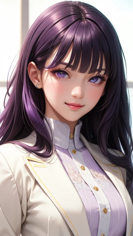 (masterpiece, best quality), intricate details, thin, ((slim)), beautiful girl, purple hair, blunt bangs, light purple eyes, sharp jawline, white coat, long hair, lips, upper body, close up, smirk