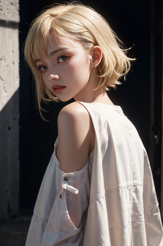 20-year-old woman, blonde, (High Top Fade:1.3), Dark Theme, Calm tone, Calm colors, High Contrast, (Natural skin texture, Hyperrealism, Soft Light, sharp)