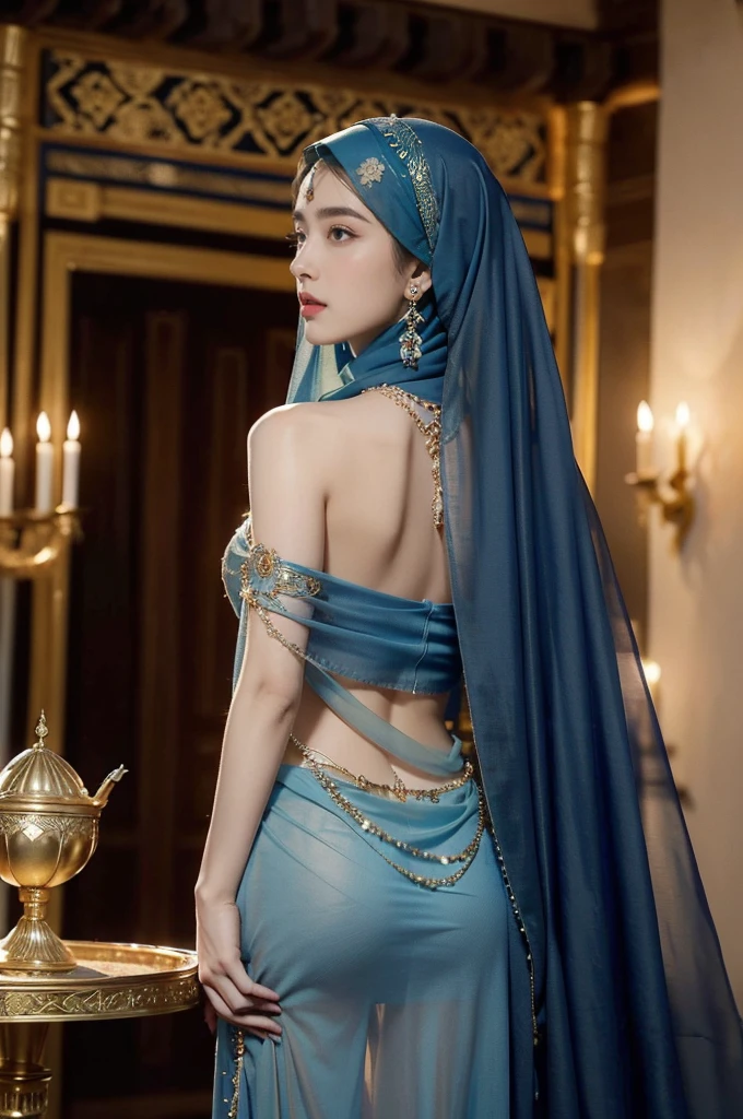 (((best quality))),(((ultra detailed))),(((masterpiece))),illustration,((1girl,Arabian dancer,solo)),(blue hijab:1.3),((slim,thin)),((bare back,towering hips,butt crack)),((earrings,necklace)),((pearls,jewels,gemstones)),(night scene:1.3),(standing:1.3),(in luxurious palace:1.3),(indoor:1.3),(gorgeous embroidered blue sheer abaya:1.3), intricate patterns,((Arabian theme,Middle Eastern culture)),(shoulder length straight hair:1.2),(sheer veil on face:1.3),mystery, ornate furnishings, decorations, enchantment, magic, Persian magic carpet,night sky, floating,Aladdin's lamp, flame, fulfillment of desires,candlelight,romance,One Thousand and One Nights, coherent narrative, dreamlike atmosphere, deep emotions, graceful movements, passion, face beneath the veil, beloved's dream, timeless beauty, enchantment,magical world, wondrous journey,((from back,upper body))