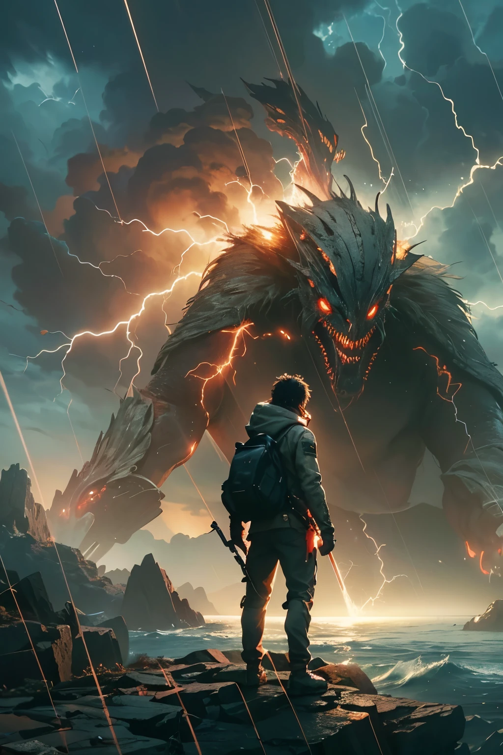 A very detailed painting， world under the sea, Depicts a man　have a weapon on a hill gazing at a giant alien monster lightning rain breath, author：Shinkai Makoto, By Art Jem, From Wlop, author：Greg Rutkowski, Volumetric Lighting, Octane Rendering, 8K resolution, Popular on artstation, masterpiece ,flame magic, 
Meteor shower
