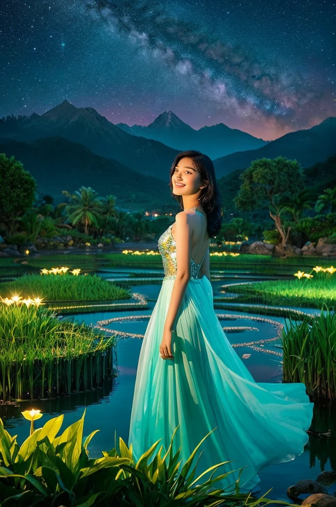 An ethereal portrait capturing the enigmatic beauty of a young Vietnamese woman in a flowing teal áo dài, its fabric resembling rippling water with silver sequin embellishments, her hair long and unbound, cascading down her back like a waterfall, a mysterious smile playing on her lips as she floats amidst a surreal landscape of giant lotuses and shimmering rice paddies beneath a star-filled night sky, taken with a Hasselblad camera and a wide-angle lens using long exposure at f/11, the low angle and panoramic aspect ratio emphasizing the vastness of the dreamscape and her ethereal presence, the rule of thirds and leading lines drawing the eye to her enigmatic form, the glowing lotuses in the foreground and the distant mountains in the background adding depth and mystique, the scene illuminated by the soft moonlight and bioluminescent plants, with a touch of gaussian blur and added grain to enhance the dreamlike quality.