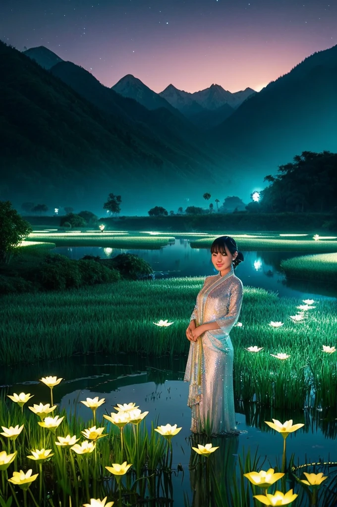 An ethereal portrait capturing the enigmatic beauty of a young Vietnamese woman in a flowing teal áo dài, its fabric resembling rippling water with silver sequin embellishments, her hair long and unbound, cascading down her back like a waterfall, a mysterious smile playing on her lips as she floats amidst a surreal landscape of giant lotuses and shimmering rice paddies beneath a star-filled night sky, taken with a Hasselblad camera and a wide-angle lens using long exposure at f/11, the low angle and panoramic aspect ratio emphasizing the vastness of the dreamscape and her ethereal presence, the rule of thirds and leading lines drawing the eye to her enigmatic form, the glowing lotuses in the foreground and the distant mountains in the background adding depth and mystique, the scene illuminated by the soft moonlight and bioluminescent plants, with a touch of gaussian blur and added grain to enhance the dreamlike quality.