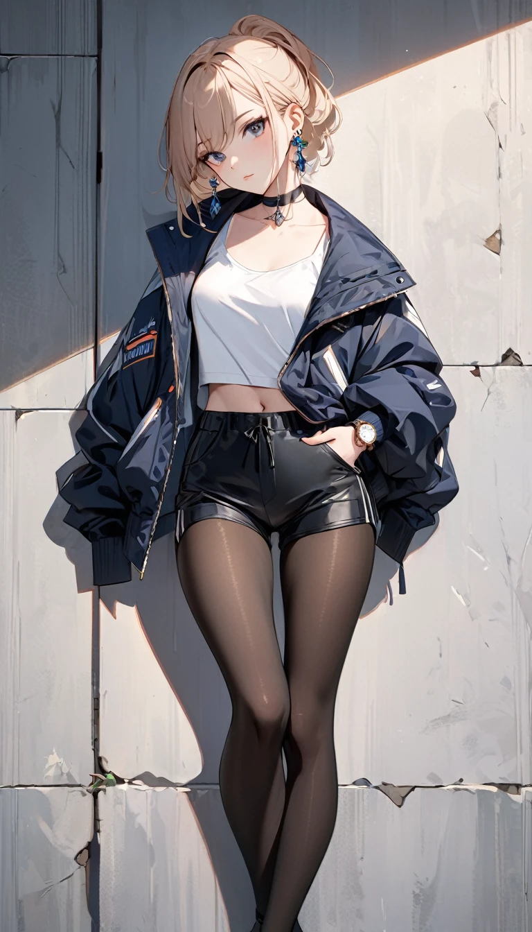 Highest quality, wonderful_delicate, beautiful, 8k, Jacket, Earrings, choker, concept,whole body,Leaning against a wall,Watch the viewer with a sideways glance,Low-rise hot pants,Black Pantyhose
