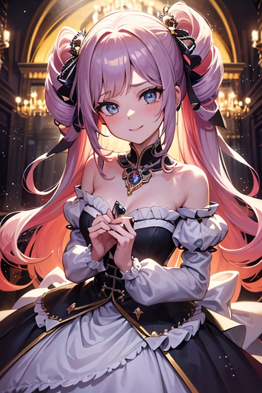 dramatic composition, court style dresses, real, marvelous, volantes em cascata, volantes, arcs, crystal chandeliers, Roman Curly Hairstyles, will put, double ponytails like drills, Look to the camera, bangss, maximalism, palace background, delicate portrait of hair and eyes, Princess Dresses, marvelous skirts, flowers in hand, smile, starry eyes, cinematic light, extreme detail, High definition, happy girl, pretty long hair, diamonds, broken diamonds, crystal fragments, light particles