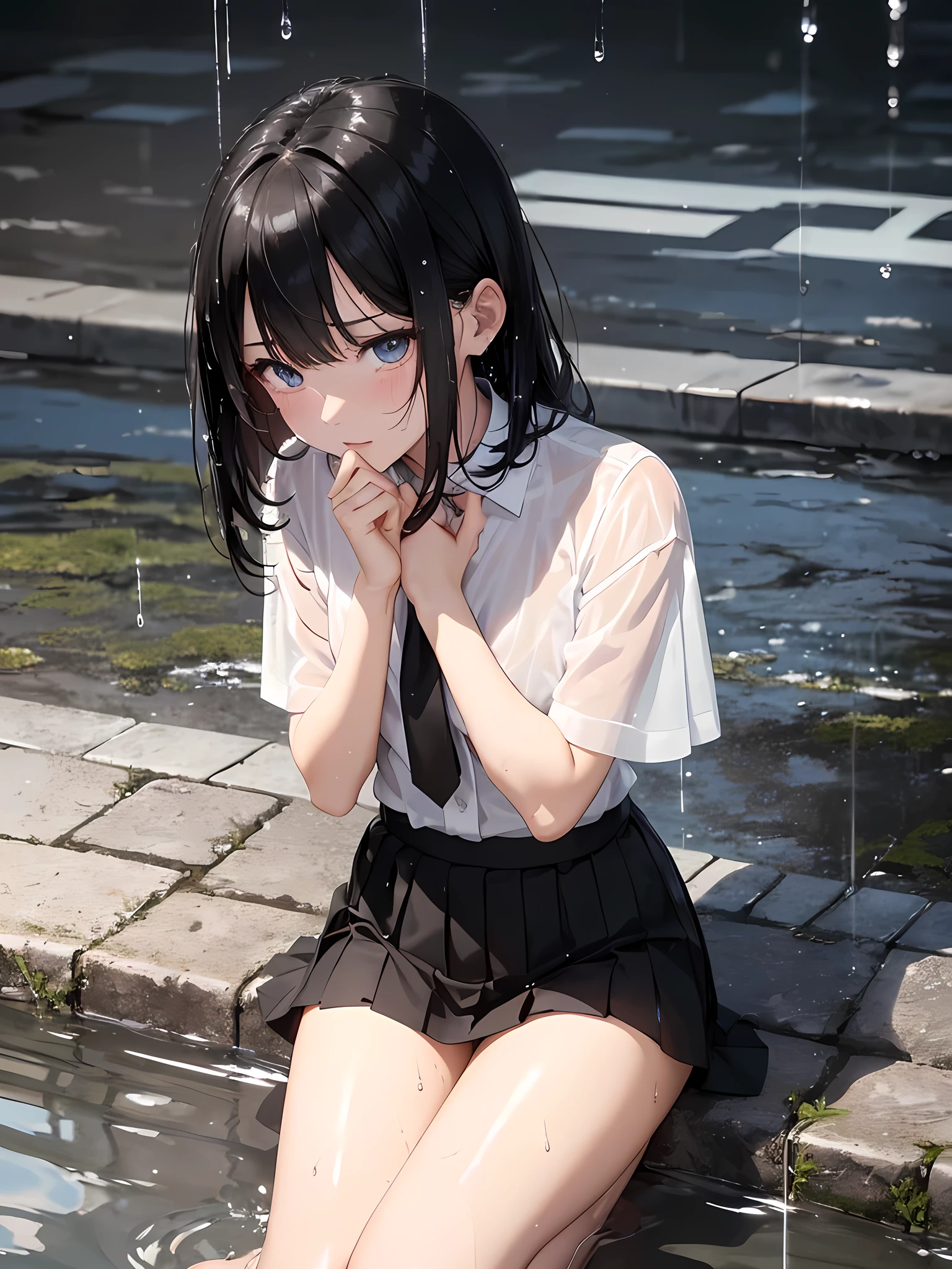 realistically, 1 girl, longhair, purple eyes, glowing eyes, white short skirt, Blush, daytime, sun light, Strapless, Wet from the rain, Seethrough, windy, Sit with your knees raised., armpit, pussy, crotch, nipples, shy