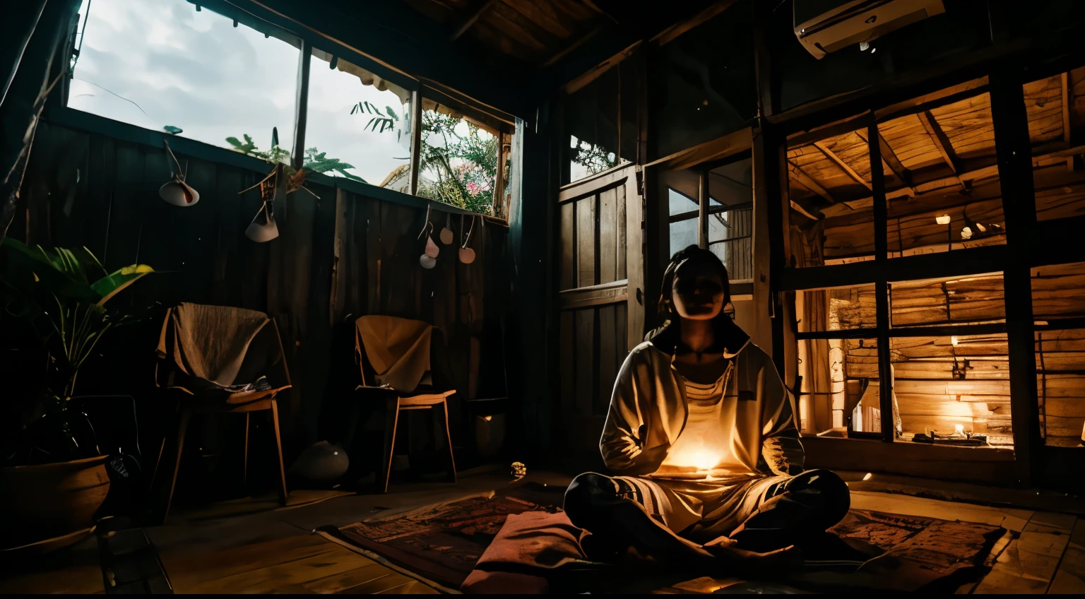 Namaste. A person meditating in a small and beautiful shack, in a favela in Rio de Janeiro. Loose clothing Cinematic lighting. Strong and bright colors