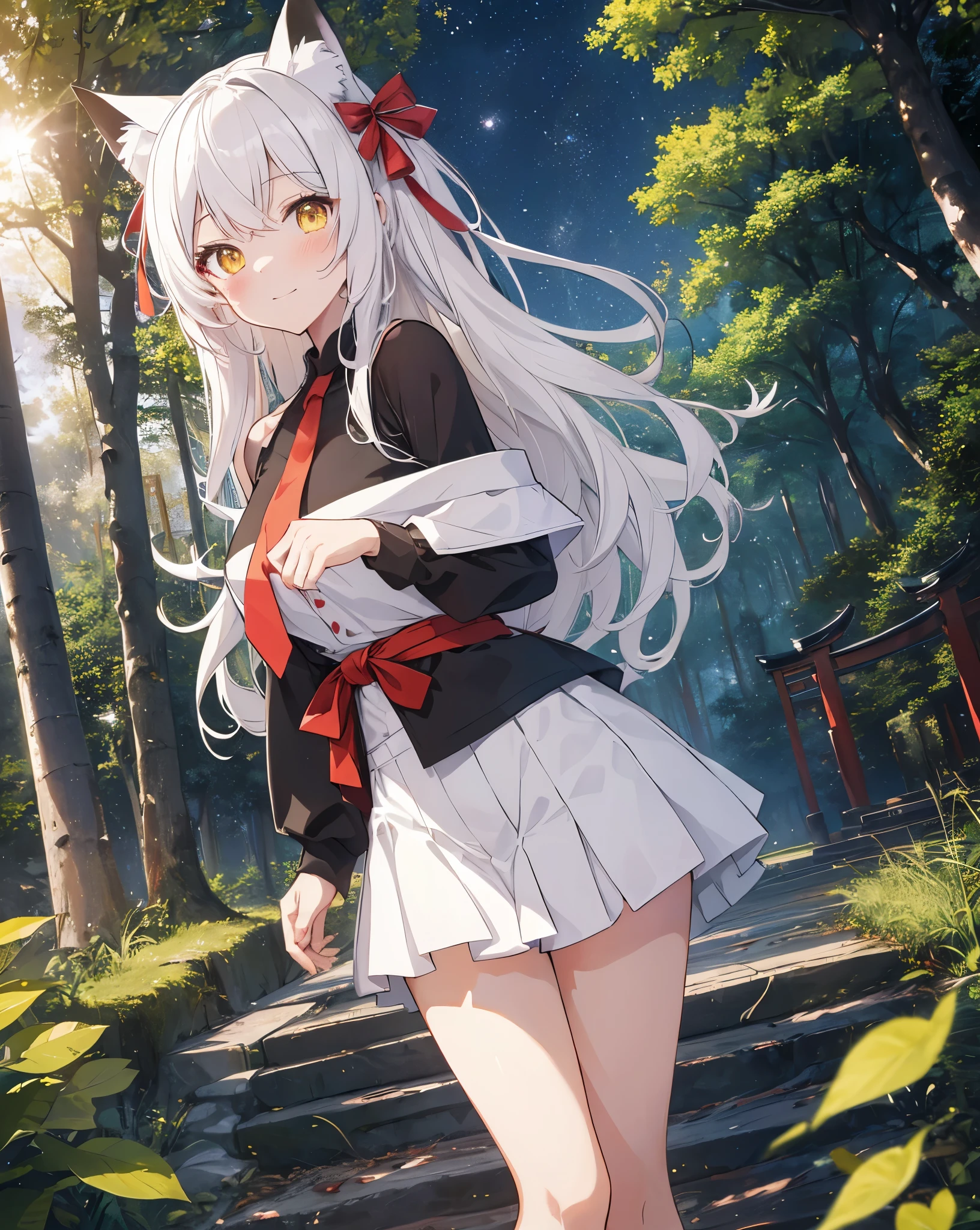 (Highest quality, Masterpiece: 1.2), (Solo), detailed night cute shot CHARACTER DESCRIPTION 1girl, cat ears, neko ears, fox tail. she's my girlfriend. solo, ((yellow eyes)), ((white_hair)). smile, long_hair, hair_between_eyes, Cute smile, she's flirting, looking_at_viewer, she blush. A girl immersed in the world of anime High school description Noise. CLOTHES bare shoulder, ribbon on hair, Red Ribbon as necktie, black transparent black shirt, white shorts, red ribbon on hair, white nike sneakers with black details. AMBIENT Japanese mountain, Red Torii, Night Blue sky, white clouds, (Anime coloring book sky), Heaven, cliff, mirage, meteorite, 1moon. CORRECTION easy hand pose ACTION she is entering the japanese temple, near a Japanese temple surrounded by nature. temple in the middle of the forest. lensflare. moonflare. delicate shot. relaxing shot.