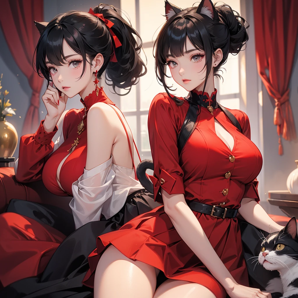 Big Breasts、Cool Girl、Black Hair、High ponytail hairstyle、red clothes、Dress freely、Cat Ear Pose、evening、super high quality