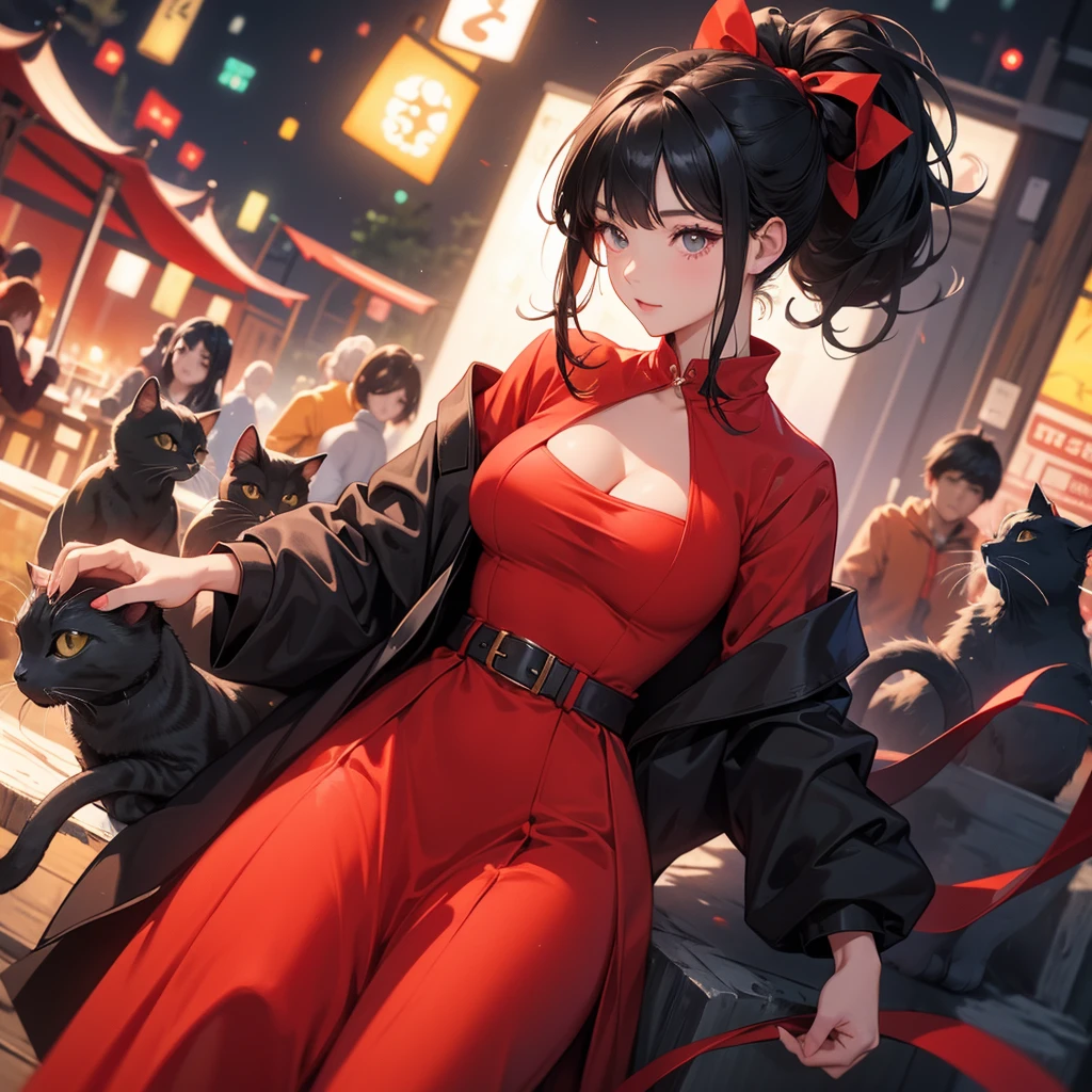 Big Breasts、Cool Girl、Black Hair、High ponytail hairstyle、red clothes、Dress freely、Cat Ear Pose、evening、super high quality