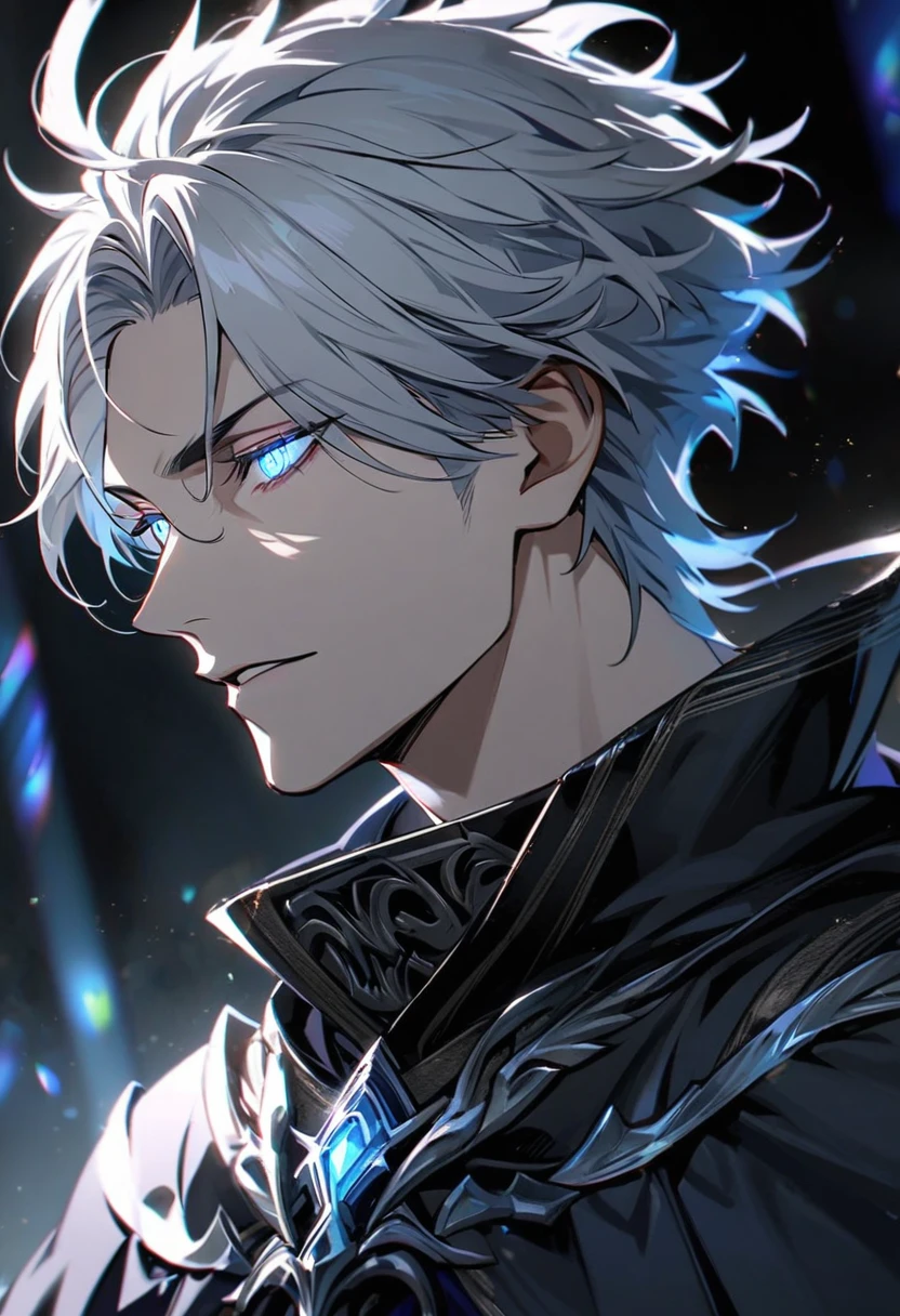 male, solo, handsome, silver hair, shadow, experienced, dark silver general cloak, blue eyes, beautiful eyes,  high detail, villain, middle-age, silver aura, holo, macro picture,  anti hero, parted bang, short hair, feather on shirt, glowing eyes,