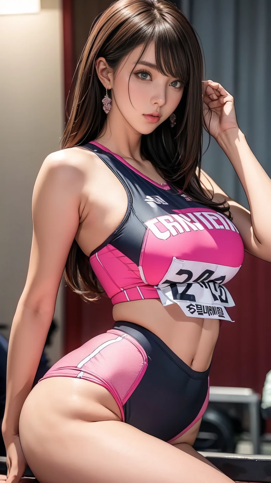 (highest quality, masterpiece:), ultra-high resolution, night, in the gym studio, Korean gravure model, 21 years old, tight, wearing a pink color track uniform, high leg, gigantic breasts, puffy nipple:1.4, skinny, bangs, long hair, light brown hair, tired hair, unkempt hair:1.2, gorgeous earrings, beauty, embarrassed, blush:1.3, mature woman, please face forward and look at the camera,