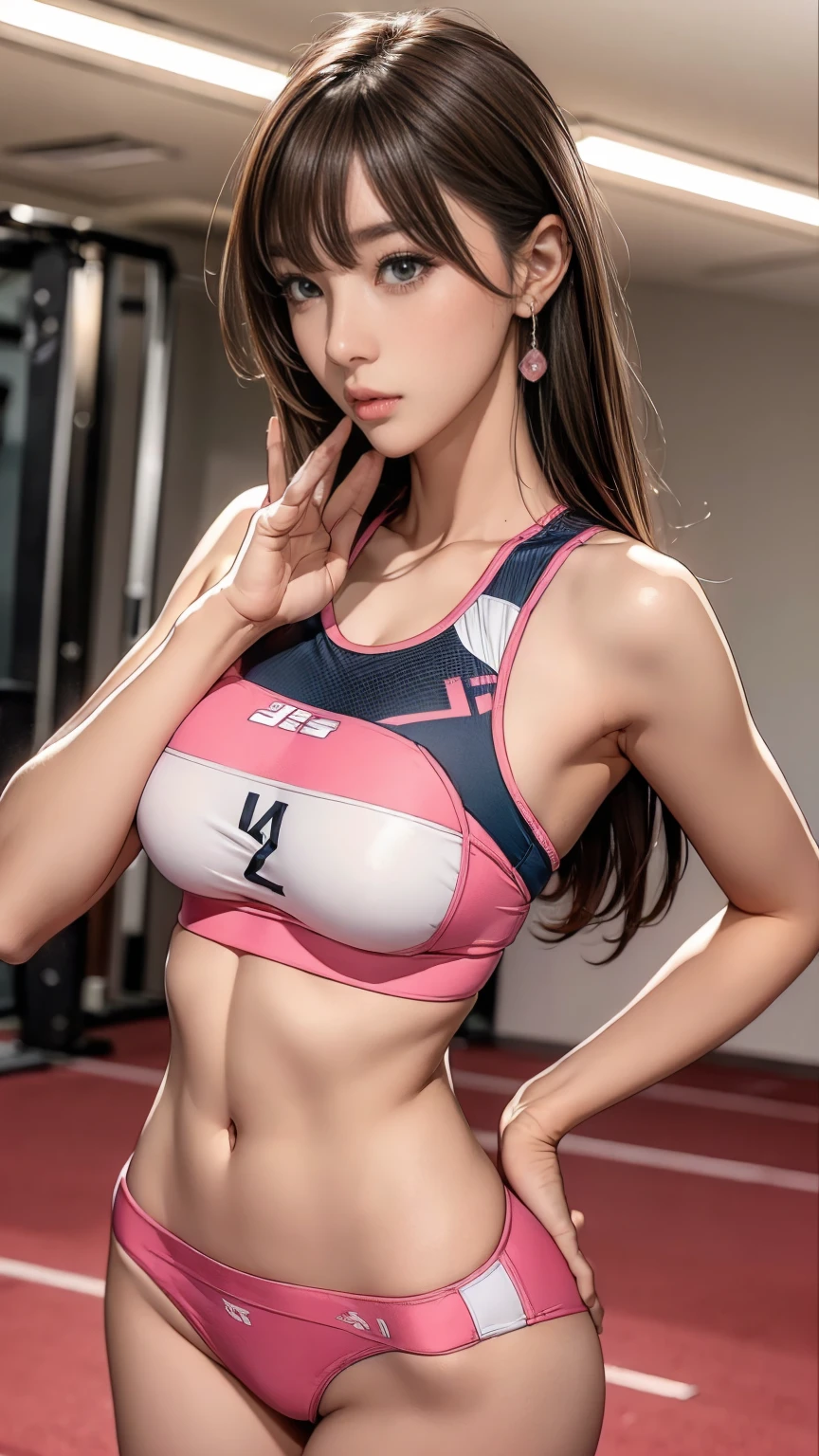 (highest quality, masterpiece:), ultra-high resolution, night, in the gym studio, Korean gravure model, 21 years old, tight, wearing a pink color track uniform, high leg, gigantic breasts, puffy nipple:1.4, skinny, bangs, long hair, light brown hair, tired hair, unkempt hair:1.2, gorgeous earrings, beauty, embarrassed, blush:1.3, mature woman, please face forward and look at the camera,