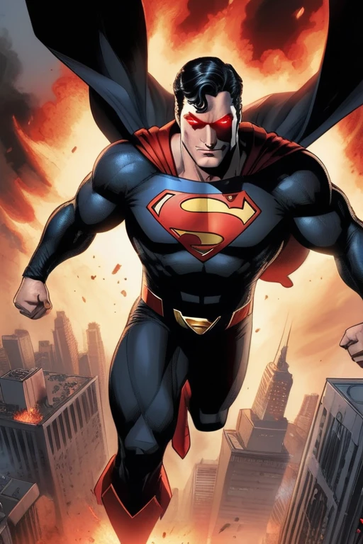 ((best quality)), ((masterpiece)), (detailed), Evil Superman in black suit with red eyes, hovering above Gotham after he's burnt it.