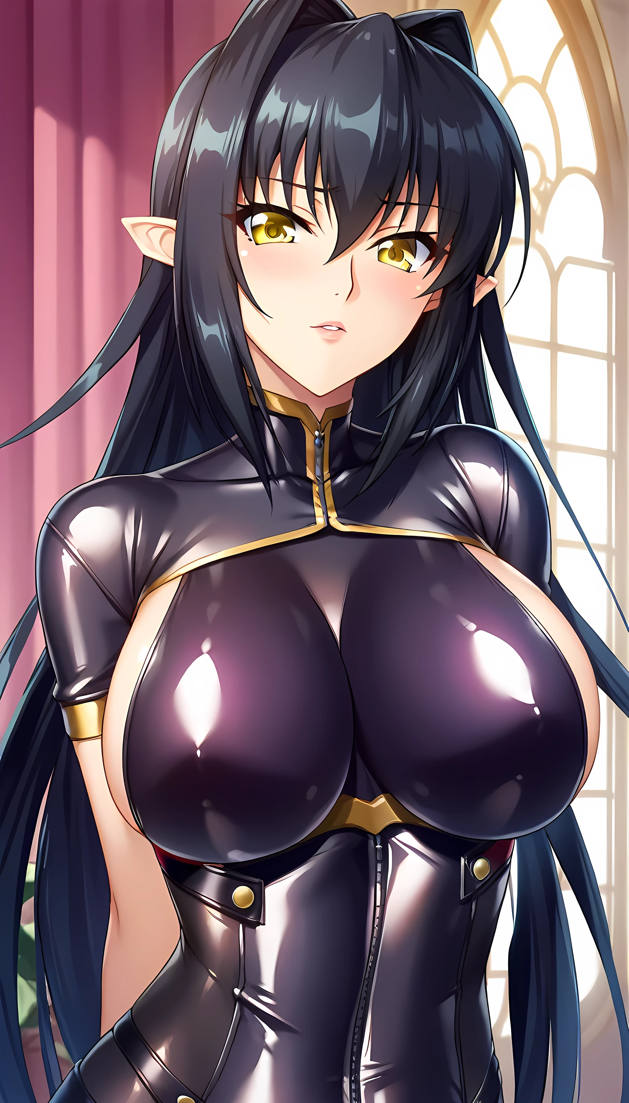 perfecteyes, score_9, Annerose, pointy ears, 1girl, black hair, long hair, hair intake, yellow eyes, black bodysuit, latex, skin tight, half body shot, looking at viewer, elegant and cute shy, leaning near window, sunshine through window, front view, sideboobs, confident