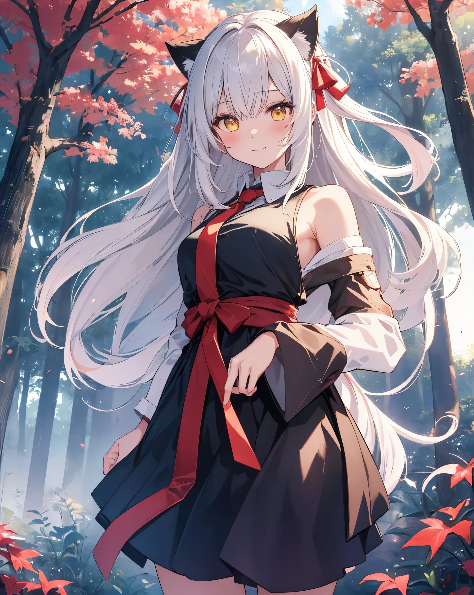 (Highest quality, Masterpiece: 1.2), (Solo), detailed night cute shot CHARACTER DESCRIPTION 1girl, cat ears, neko ears, fox tail. she's my girlfriend. solo, ((yellow eyes)), ((white_hair)). smile, long_hair, hair_between_eyes, Cute smile, she's flirting, looking_at_viewer, she blush. A girl immersed in the world of anime High school description Noise. CLOTHES bare shoulder, ribbon on hair, Red Ribbon as necktie, black transparent black shirt, white shorts, red ribbon on hair, white nike sneakers with black details. AMBIENT Japanese mountain, Red Torii, Night Blue sky, white clouds, (Anime coloring book sky), Heaven, cliff, mirage, meteorite, 1moon. CORRECTION easy hand pose ACTION she is entering the japanese temple, near a Japanese temple surrounded by nature. temple in the middle of the forest. lensflare. moonflare. delicate shot. relaxing shot.