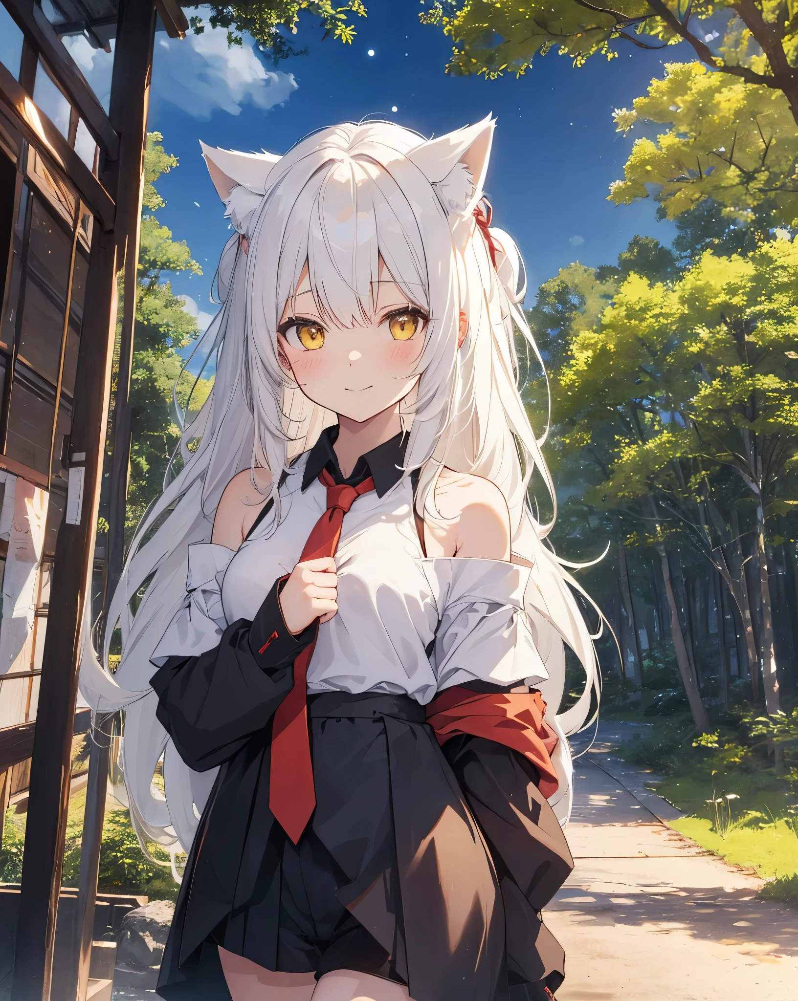 (Highest quality, Masterpiece: 1.2), (Solo), detailed night cute shot CHARACTER DESCRIPTION 1girl, cat ears, neko ears, fox tail. she's my girlfriend. solo, ((yellow eyes)), ((white_hair)). smile, long_hair, hair_between_eyes, Cute smile, she's flirting, looking_at_viewer, she blush. A girl immersed in the world of anime High school description Noise. CLOTHES bare shoulder, ribbon on hair, Red Ribbon as necktie, black transparent black shirt, white shorts, red ribbon on hair, white nike sneakers with black details. AMBIENT Japanese mountain, Red Torii, Night Blue sky, white clouds, (Anime coloring book sky), Heaven, cliff, mirage, meteorite, 1moon. CORRECTION easy hand pose ACTION she is entering the japanese temple, near a Japanese temple surrounded by nature. temple in the middle of the forest. lensflare. moonflare. delicate shot. relaxing shot.