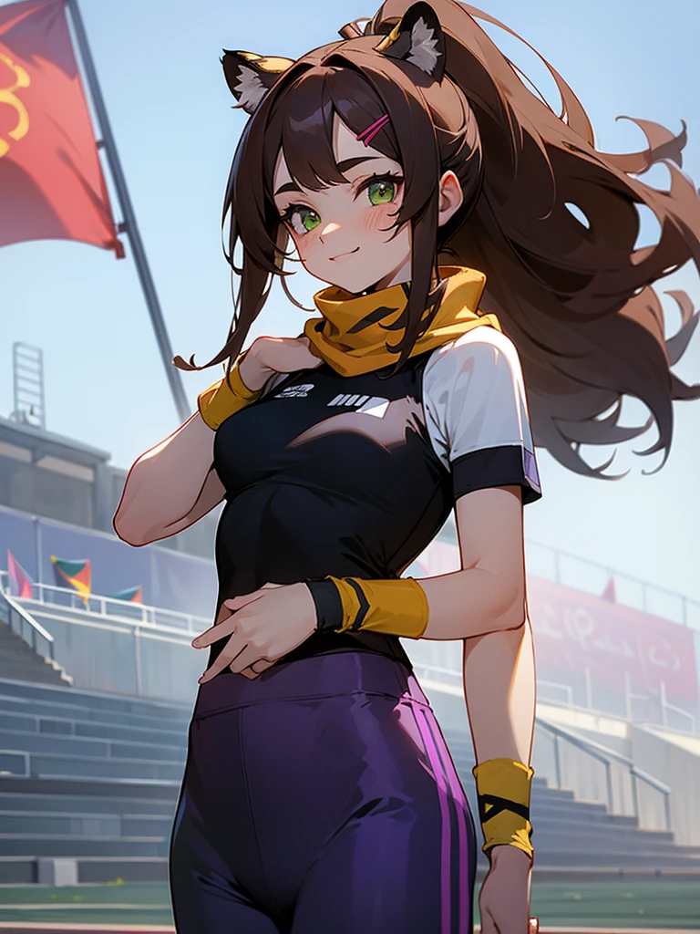female): solo, (perfect face), (detailed outfit), (20 years old), lovely female, (tiger ears), happy, (happy smile), (placing hand on chest), brown hair, long hair, asymmetrical hair, green eyes, pale skin, medium chest_circumference, (black jersey), (purple jersey pants), (hairpin), (wristband), (scarf)
(background): from front, outdoor, (athletics stadium), (track), (bleachers), (sky), (flags), aft