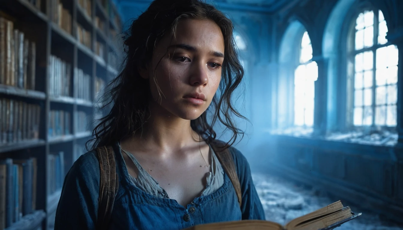 Create a cinematic, realistic photo. In a desolate, blue-tinted room with walls covered in peeling paint and scattered debris, Jessy sits on a broken, blue-painted chair. The room is dimly lit by a faint blue light that seeps through a partially collapsed ceiling. Jessy closes her eyes and holds her hands over her heart, her expression one of deep introspection and sadness. Her face is illuminated by the soft blue light, making her features and the emotional weight of her moment of reflection clearly visible. The contrast between the room’s decay and the serene clarity of her expression underscores the profound connection she feels with her own truth and essence amidst the surrounding desolation. The overall mood is serene and breathtaking.
