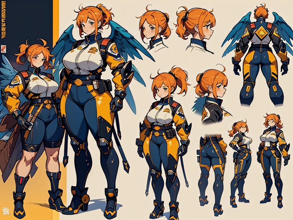 Close-up of a plump woman in a mecha bodysuit, ((character concept art)), ((character design sheet, same character, front, side, back)) character art of maple story, video game character design, video game character design, maple story plump girl, girl wearing cute mecha hairpin on her head, yellow glowing decoration on girl's mecha armor, expert high detail concept art, metal bullet concept art, funny character design, plump woman anime inspiration, sticky tar. Concept art, belt buckle at waist, mechanical weapon, mechanical wings