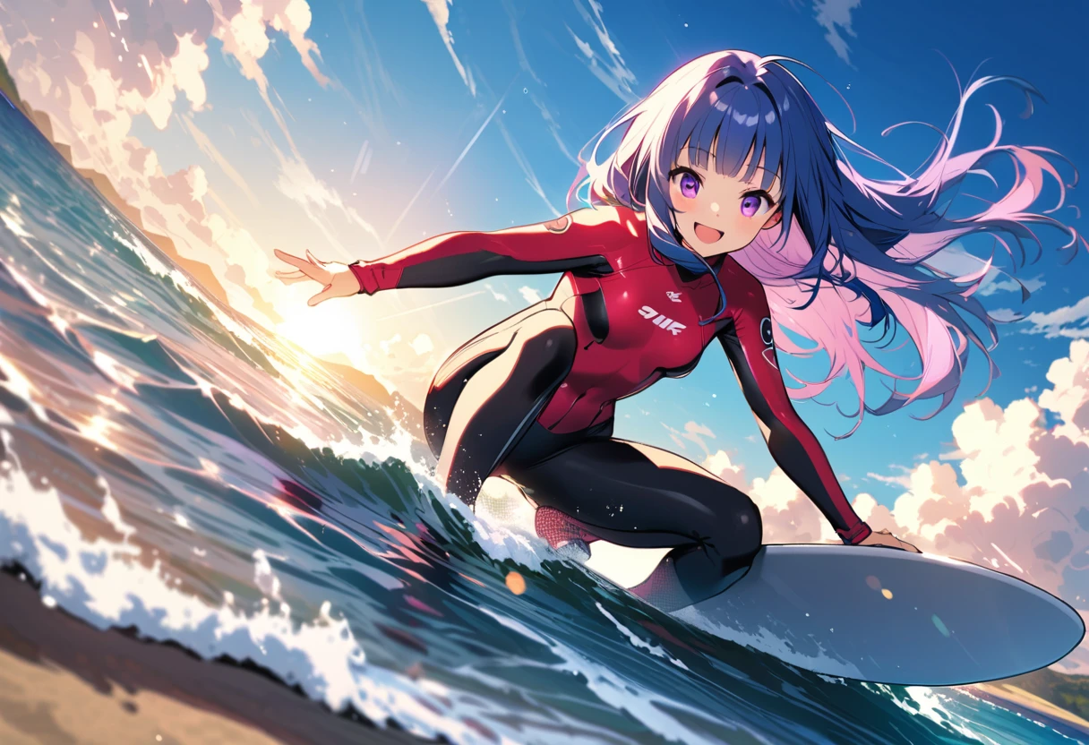 (surfing), child用サーフボード, Beach, Wave, sun, blue sky, sunglasses, Wetsuits, smile, girl, alone, (Rika Furude), Blue Hair, Purple eyes, Long Hair, blunt bangs, bangs, ,  build, Small breasts, I&#39;m 11 years old, 