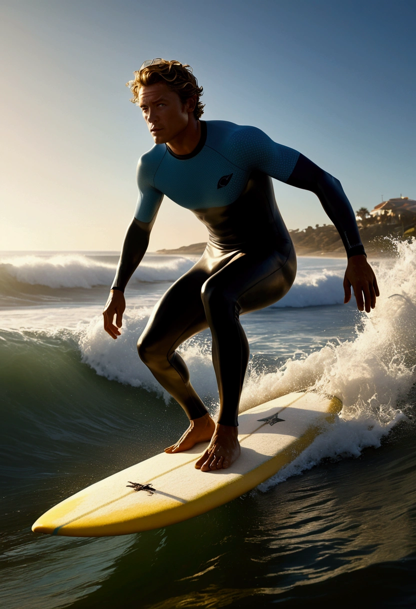 (Ultra-realistic Surfing), wearing Professional sportswear, sunset, wide angle, panorama, in Vibrant Void, juxtaposing vibrant with a sense of emptiness, captivating chiaroscuro, dynamic movement, (special effects:0.1), full body, award-winning, cinematic still, emotional, vignette, dynamic, vivid, (masterpiece, best quality, photorealistic, Professional, perfect composition, very aesthetic, absurdres, ultra-detailed, intricate details:1.3)