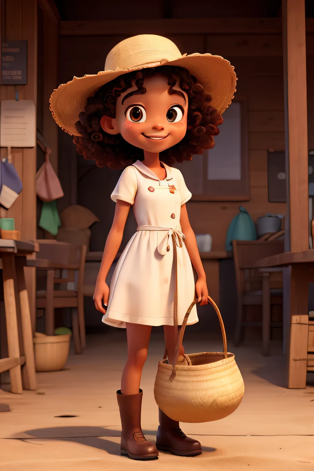 best qualityer. a girl, , loose white beach style dress. Simple and small brown rubber boot, brown straw hat written Girl from the Interior with legible writing and red color. A straw basket in the right hand containing colorful flowers and twigs of fennel, por dentro. Left hand waving a length. tanned skin color. eyes browns. Loose and curly hair. With a captivating smile on his face and red lips. 