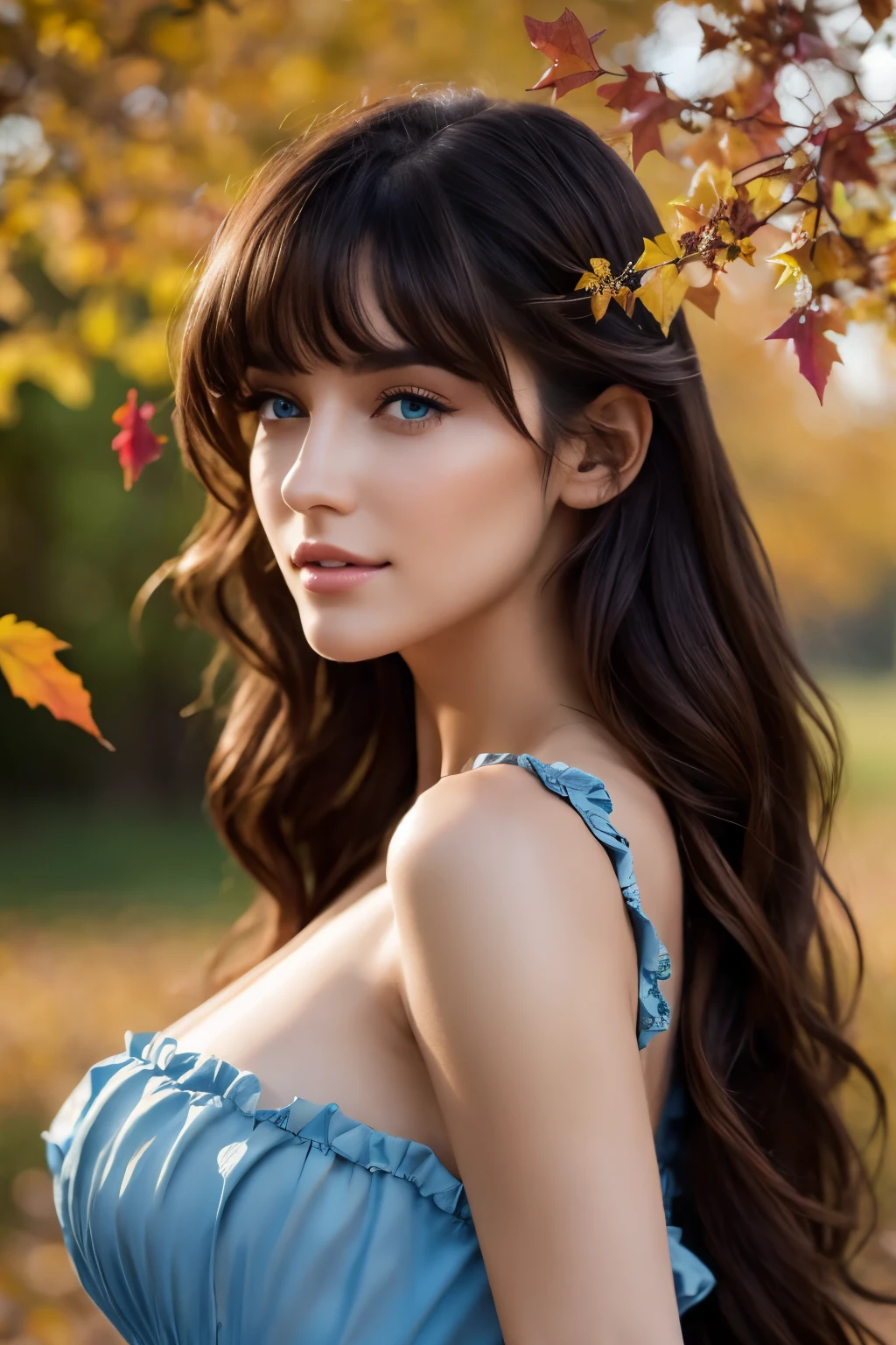 score_9, score8_up, detailed skin, long flowing hair, delicate facial features, detailed glossy eyes and pupils, detailed shinning natural hairs, detailed sharp nose, detailed white glistening teeth, perfect symmetrical face, detailed natural perfect breasts, graceful pose, soft lighting, artistic painting, vibrant colors, ethereal atmosphere, mesmerizing gaze, flawless complexion, enchanting beauty, surreal background, 1girl, solo, long hair, breasts, looking at viewer, bangs, blue eyes, black hair, dress, bare shoulders, closed mouth, upper body, outdoors, frills, day, looking back, tree, lips, clothing cutout, leaf, branch, flowers, autumn 