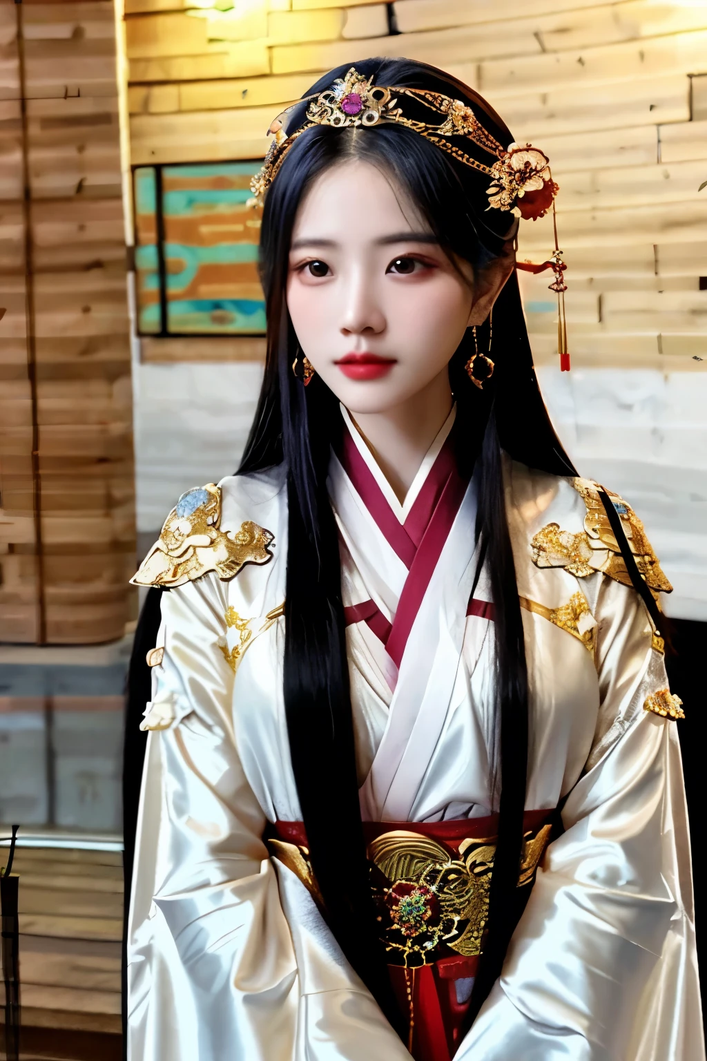 Long haired woman wearing golden headdress and black blouse,beautiful fantasy queen,(beautiful fantasy queen)),Palace,girl in hanfu,chinese princess,Song inspired by Xie Sun,Inspired by Hwangji,xianxia 판타지,chinese style,Chinese Girl,고대 chinese princess,The Nguyen family is beautiful!,xianxia,full body photo
