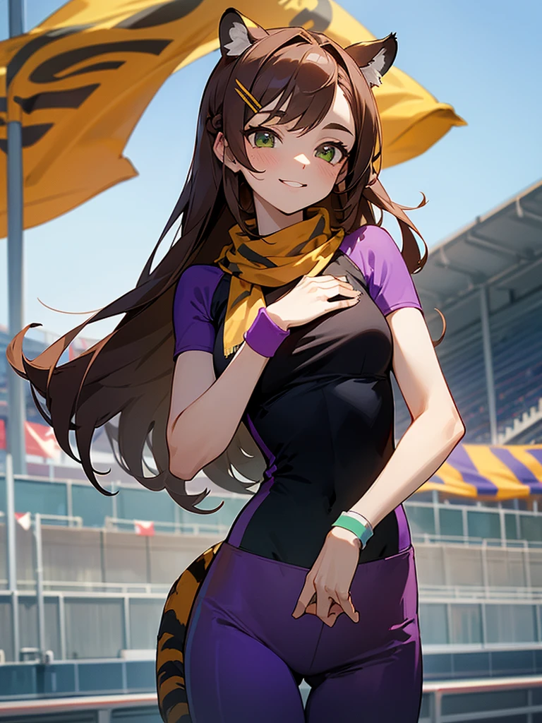 female): solo, (perfect face), (detailed outfit), (20 years old), lovely female, (tiger ears), happy, (happy smile), (placing hand on chest), brown hair, long hair, asymmetrical hair, green eyes, pale skin, medium chest_circumference, (black jersey), (purple jersey pants), (hairpin), (wristband), (scarf)

(background): from front, outdoor, (athletics stadium), (track), (bleachers), (sky), (flags), aft