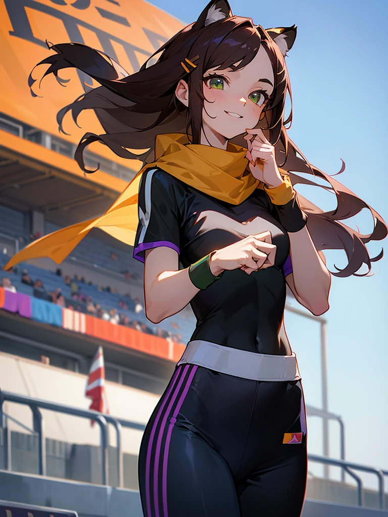 female): solo, (perfect face), (detailed outfit), (20 years old), lovely female, (tiger ears), happy, (happy smile), (placing hand on chest), brown hair, long hair, asymmetrical hair, green eyes, pale skin, medium chest_circumference, (black jersey), (purple jersey pants), (hairpin), (wristband), (scarf)
(background): from front, outdoor, (athletics stadium), (track), (bleachers), (sky), (flags), aft