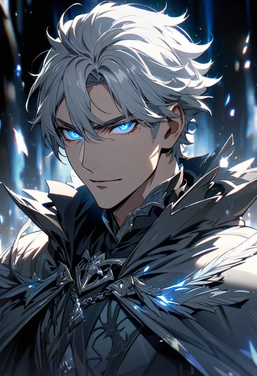 male, solo, handsome, silver hair, shadow, experienced, dark silver general cloak, blue eyes, beautiful eyes,  high detail, villain, middle-age, silver aura, holo, macro picture,  anti hero, parted bang, short hair, feather on shirt, glowing eyes, feathers on shirt