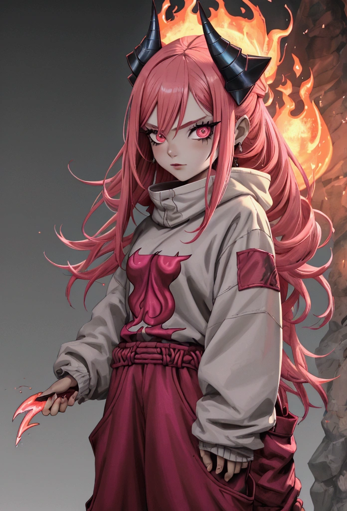 An adult female with pink skin with very thin fire horns protruding from the front of her forehead, ((hair on fire fire)) ((with baggy clothes style oriental rpg world)) (perfect human eyes) (perfectbody) work of art, best qualityer, (full viwer), bottom clean.