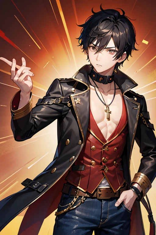 V Flower Vocaloid 16 year old boy Black hair Steampunk with brown eyes Open black jacket Red shirt Blue jeans Gold cross necklace slim muscular build looking directly at viewer on a light red background