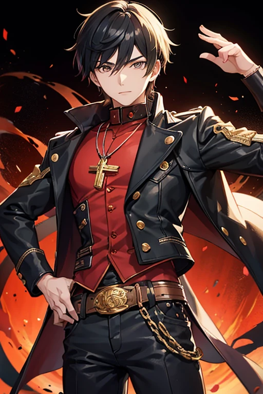 Bennett genshin impact 16 year old boy Black hair Steampunk with brown eyes Open black jacket Red shirt Blue jeans Gold cross necklace slim muscular build looking directly at viewer on a light red background