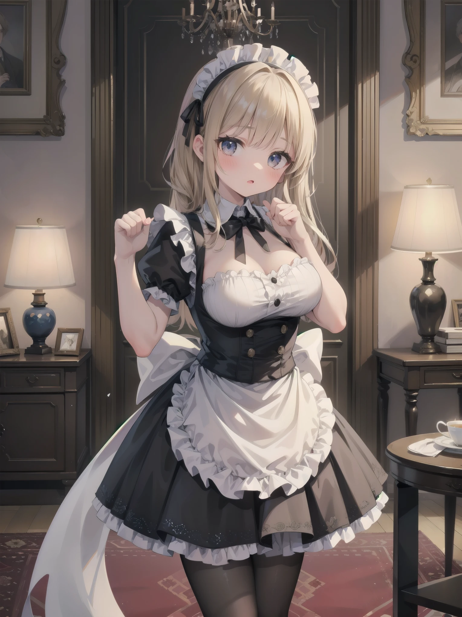 (One little girl: maid outfit: cute: perfect face: mocking pose), best composition, best color balance, imagine a classical maid with a tea set in a gorgeous Victorian living room. The maid is dressed in a traditional black and white maid's outfit with a ruffled apron and simple headband. She is spinning and dancing with a serene, graceful expression on her face. The living room is decorated with luxurious furnishings. In the background is a large window, through which sunlight streams in, casting a warm glow over the room. Luxurious wallpaper, heavy curtains, a large chandelier, and antique furniture such as polished wooden tables and upholstered chairs. The overall atmosphere is elegant and sophisticated,clutter,zentangle,renderings,antique,rich colors,intricate details,highly detailed,meticulously detailed,beautiful light and shadow,reality,top quality,dreamy,,anatomically correct,perfectly proportioned,ruffles,lace The perfect proportions, ruffles, lace
