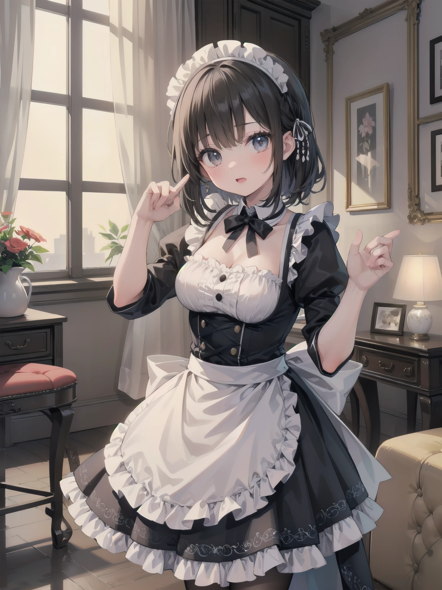 (One little girl: maid outfit: cute: perfect face: mocking pose), best composition, best color balance, imagine a classical maid with a tea set in a gorgeous Victorian living room. The maid is dressed in a traditional black and white maid's outfit with a ruffled apron and simple headband. She is spinning and dancing with a serene, graceful expression on her face. The living room is decorated with luxurious furnishings. In the background is a large window, through which sunlight streams in, casting a warm glow over the room. Luxurious wallpaper, heavy curtains, a large chandelier, and antique furniture such as polished wooden tables and upholstered chairs. The overall atmosphere is elegant and sophisticated,clutter,zentangle,renderings,antique,rich colors,intricate details,highly detailed,meticulously detailed,beautiful light and shadow,reality,top quality,dreamy,,anatomically correct,perfectly proportioned,ruffles,lace The perfect proportions, ruffles, lace