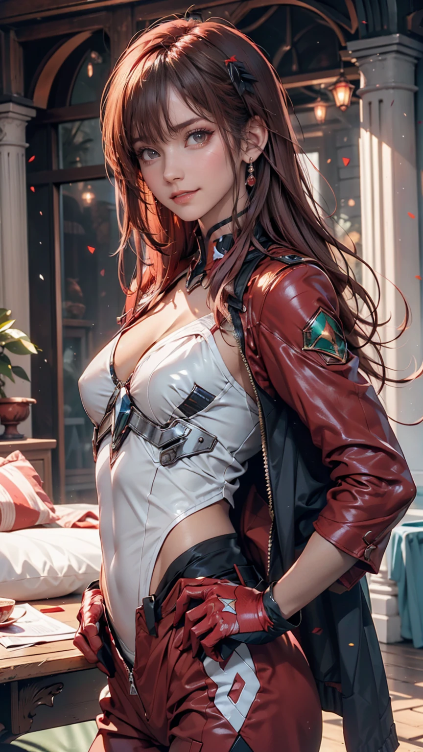 Highly detailed background, masterpiece, Highest quality, One girl, alone, ((masterpiece, Highest quality)),Best aesthetics, Zero Two (Darling in the Franxx), Darling in the Franxx, bangs, bite, blush, Covered navel, eye shadow, Green Eyes, Hair on the back of the head, Hands on hips, horn, smile, Long Hair, View your viewers, compensate, Medium chest, Pilot Suit, Red suit, Pink Hair, red eye shadow, sf, Fits perfectly to the skin,