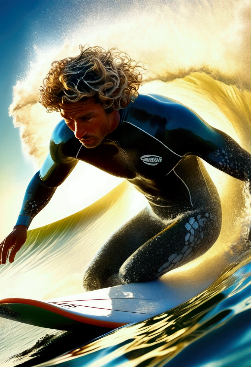 (Ultra-realistic Surfing), wearing Professional sportswear, sunset, wide angle, panorama, in Vibrant Void, juxtaposing vibrant with a sense of emptiness, captivating chiaroscuro, dynamic movement, (special effects:0.1), full body, award-winning, cinematic still, emotional, vignette, dynamic, vivid, (masterpiece, best quality, photorealistic, Professional, perfect composition, very aesthetic, absurdres, ultra-detailed, intricate details:1.3)