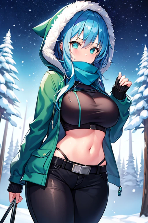 1girl, blue hair, medium hair, large breasts, breasts, green eyes, scarf, covered mouth, jacket, forest, snow, black jacket, hoddie, hooded jacket, hood on, hood up, zipper, gloves, glowing hair, glowing eyes, light blue hair, sky blue hair, night sky, sky, stars, pants, tall, hourglass figure, mature female, thick thighs, pants, belt, long pants